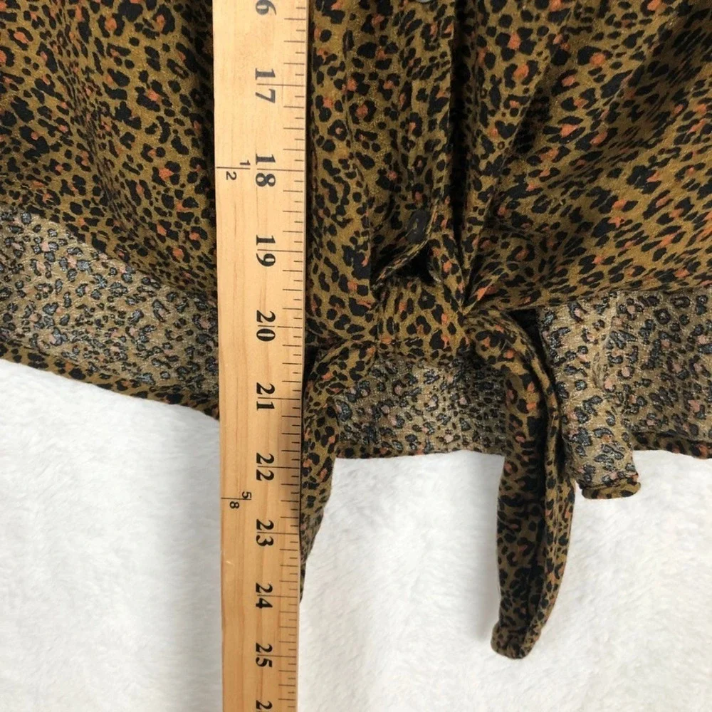 FREE PEOPLE Leopard Print Tie Front Button Down Puff Sleeve Top Sz S Brown